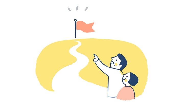 Zeichnung zweier Menschen, die auf ein Ziel deuten