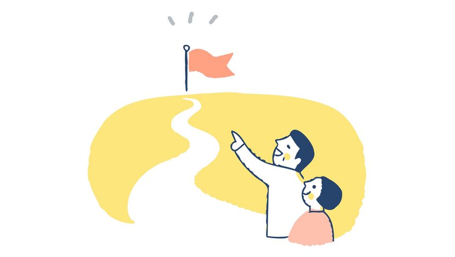 Zeichnung zweier Menschen, die auf ein Ziel deuten