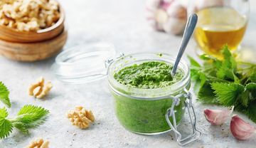 Walnüsse, Brennnessel, Öl, Glas mit Pesto, Knoblauch