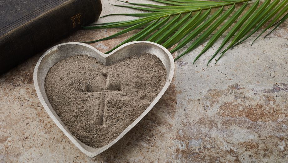 Foto einer Schüssel Asche mit einem Kreuz darin, im Hintergrund Palmzweige