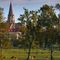 Weidekühe auf grüner Wiese vor dem Kloster