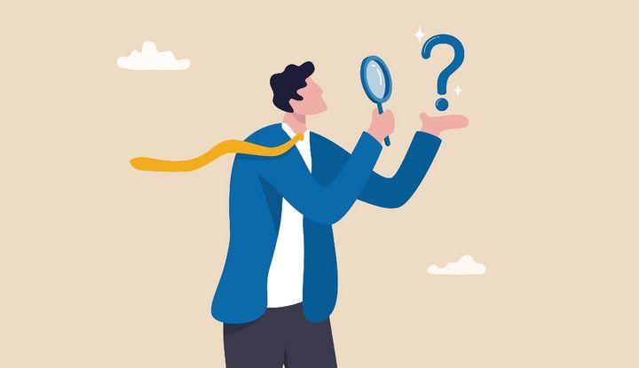 Illustration eines Mannes, der mit einer Lupe ein Fragezeichen untersucht