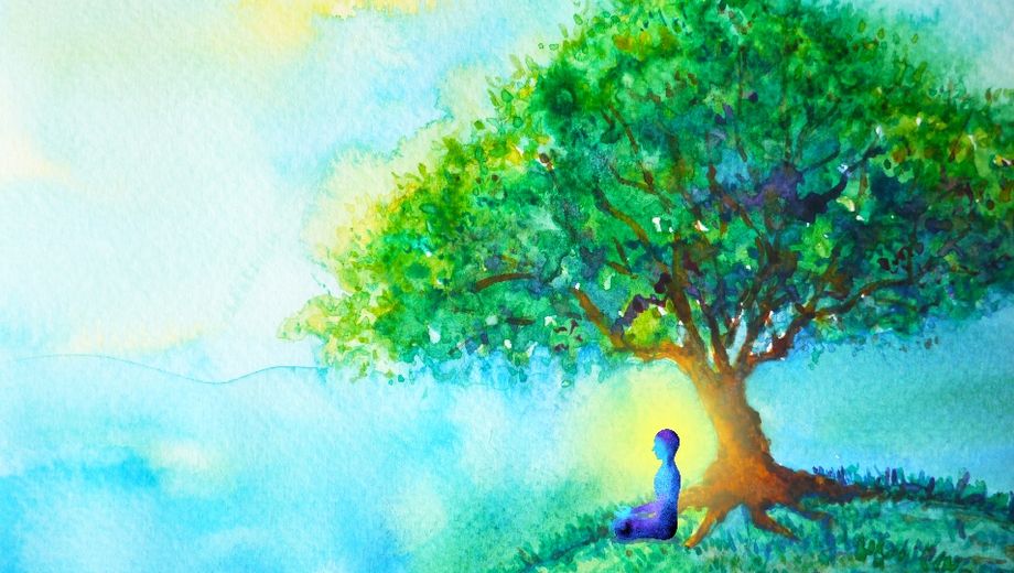 Zeichnung eines Baumes, unter dem ein Mensch sitzt