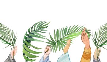 Grafik mehrere Hände, die Palmzweige in die Höhe halten