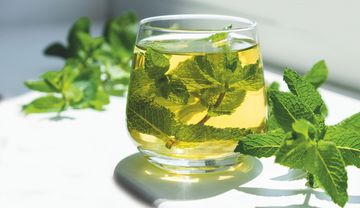 Kräutergetränk mit frischer Minze, umgeben von weiteren Minzzweigen