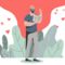 Illustration eines Mannes, der aus der Bibel liest, im Hintergrund Herzen