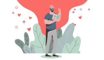 Illustration eines Mannes, der aus der Bibel liest, im Hintergrund Herzen