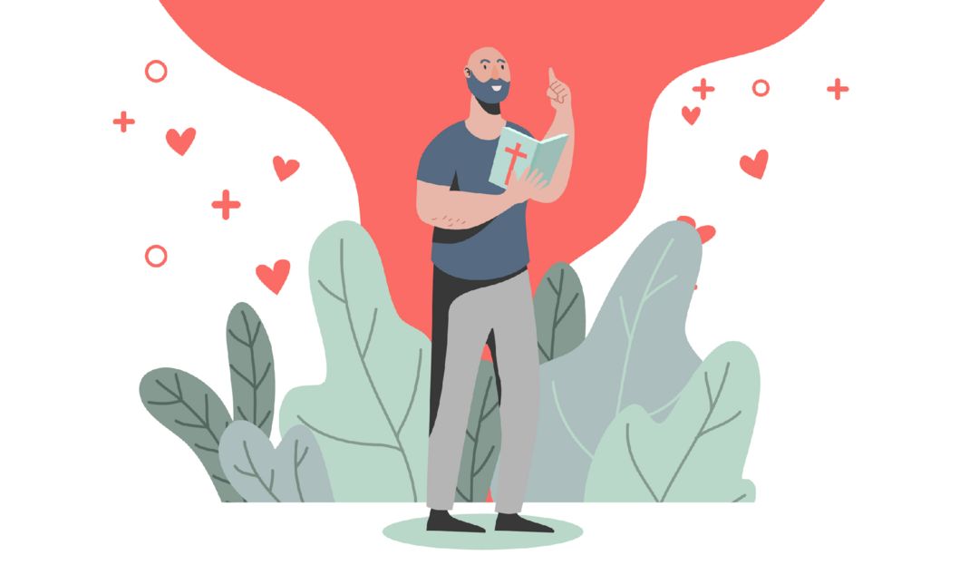 Illustration eines Mannes, der aus der Bibel liest, im Hintergrund Herzen