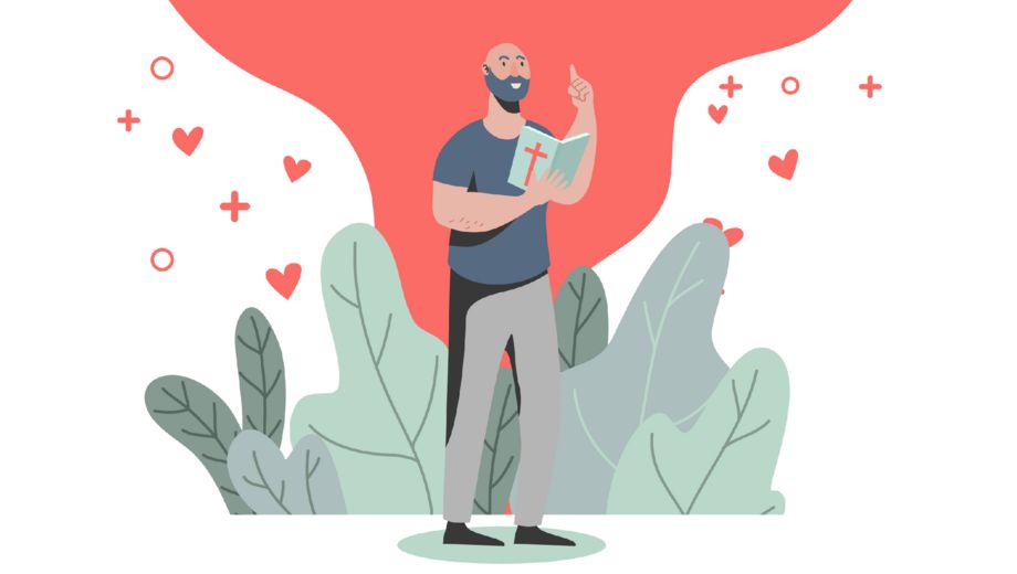 Illustration eines Mannes, der aus der Bibel liest, im Hintergrund Herzen