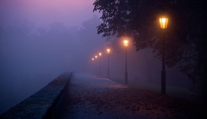 Stra&szlig;enlaternen beleuchten einen dunklen Weg im Nebel