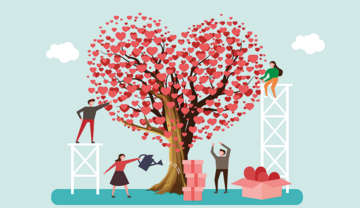 Grafik von Menschen, die Herzen von einem Baum ernten