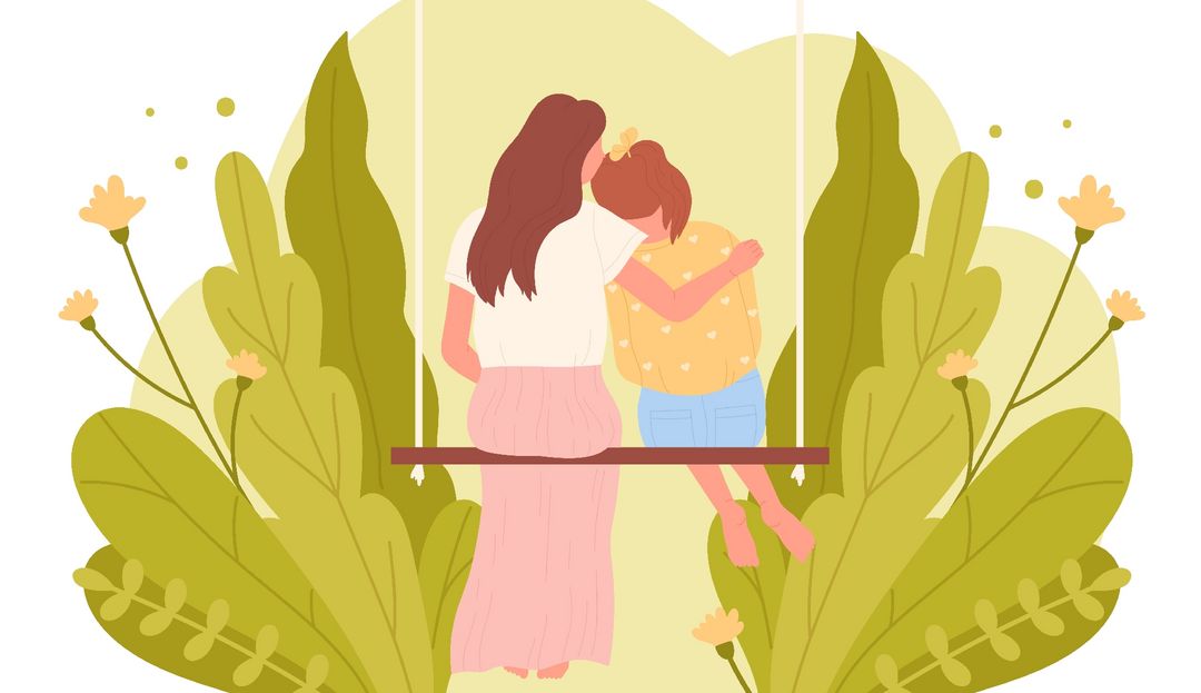 Illustration einer Mutter, die ihr Kind auf einer Schaukel in den Arm nimmt