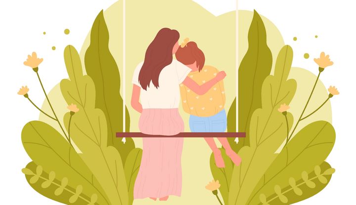 Illustration einer Mutter, die ihr Kind auf einer Schaukel in den Arm nimmt