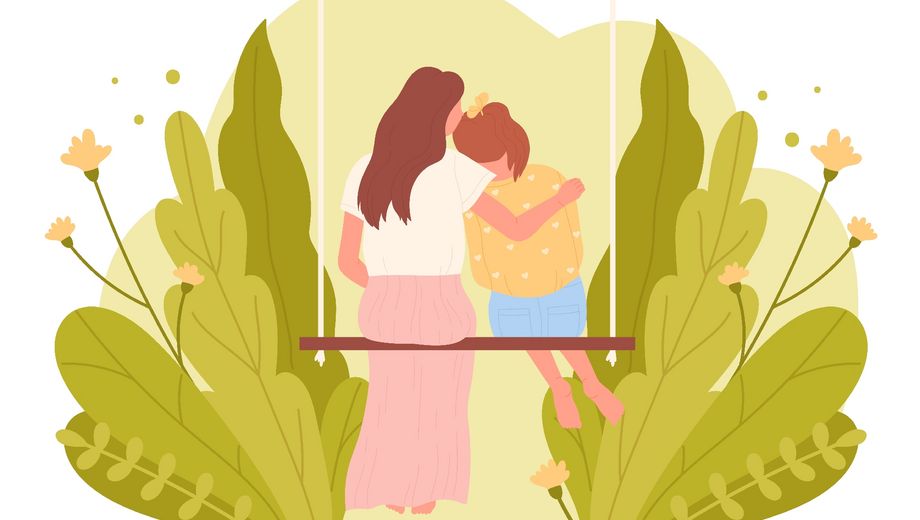 Illustration einer Mutter, die ihr Kind auf einer Schaukel in den Arm nimmt