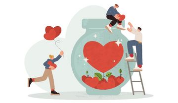 Zeichnung von Menschen, die Herzen in einem großen Glas sammeln