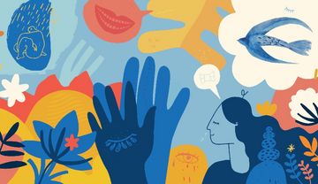 Bunte Illustration mit Mensch, Händen, Blumen, geometrischen Formen