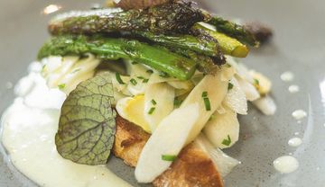 Grüner und weißer Spargel auf einem Teller angerichtet