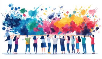 Gruppe von Menschen im Kreis um ein farbiges Bodenbild mit Weltkugel und Händen.