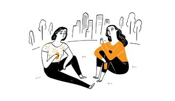 Zeichnung zweier Freundinnen im Gespräch