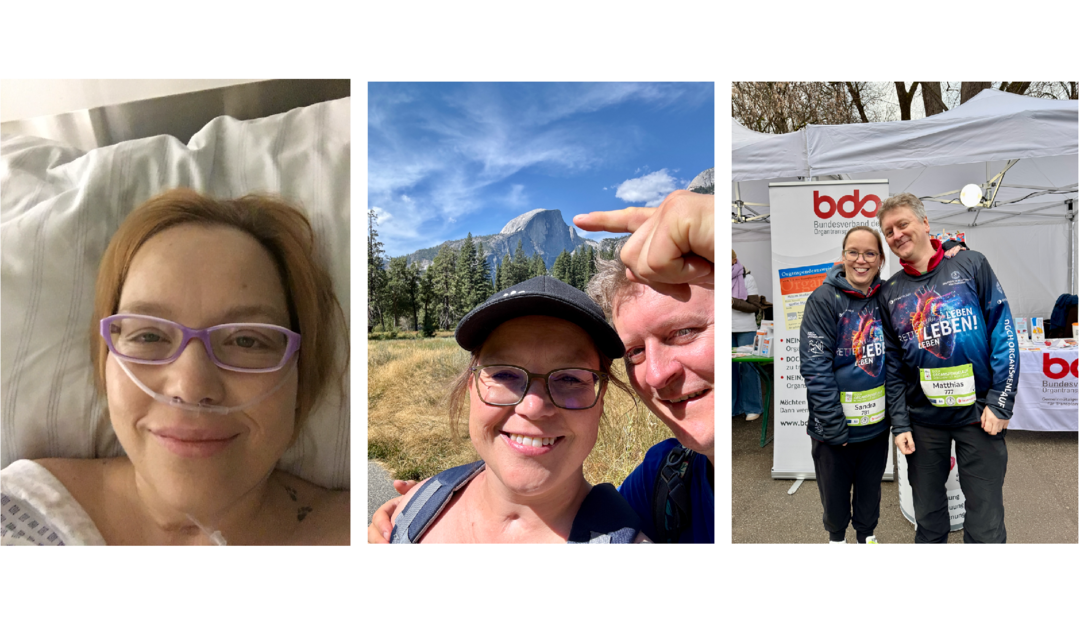 Sandra Zumpfe nach ihrer Nierentransplantation im Krankenhaus, im Urlaub mit ihrem Mann und bei ihrem ehrenamtlichen Engagement beim Bund der Organtransplantierten