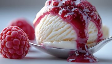 Eine Kugel Vanille-Eis mit roter Beerensauce