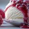 Eine Kugel Vanille-Eis mit roter Beerensauce