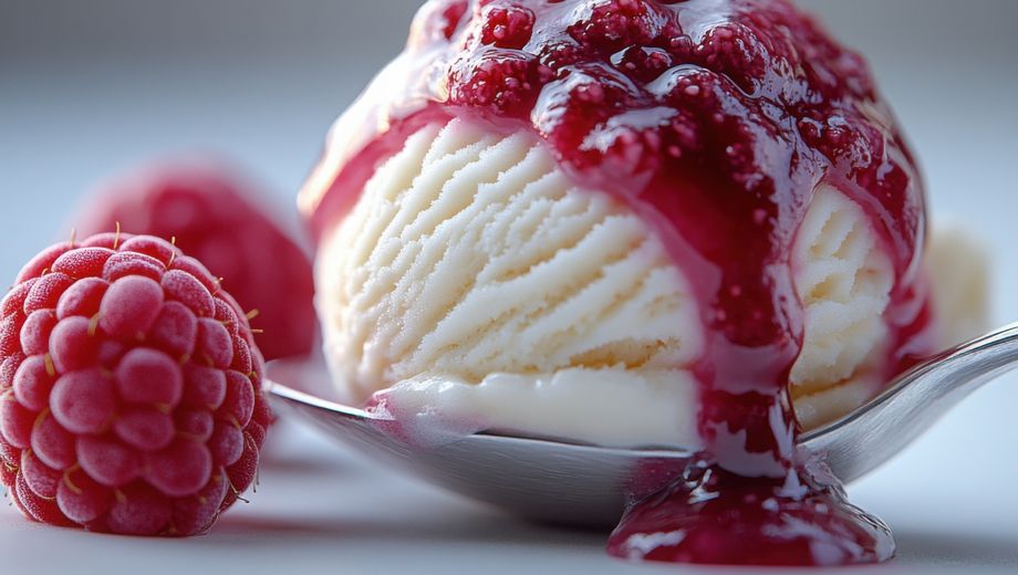 Eine Kugel Vanille-Eis mit roter Beerensauce